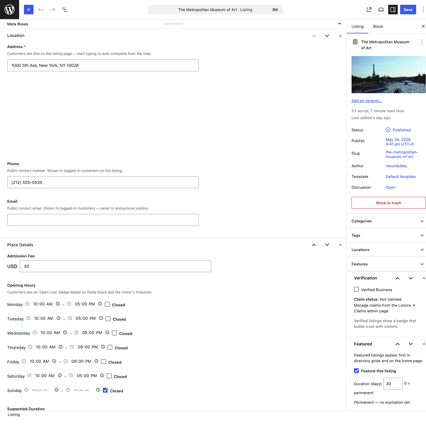 Edit Listing screen showing all field-group meta boxes (Location, Place Details, Media, Services, Verification, Featured, Badges)