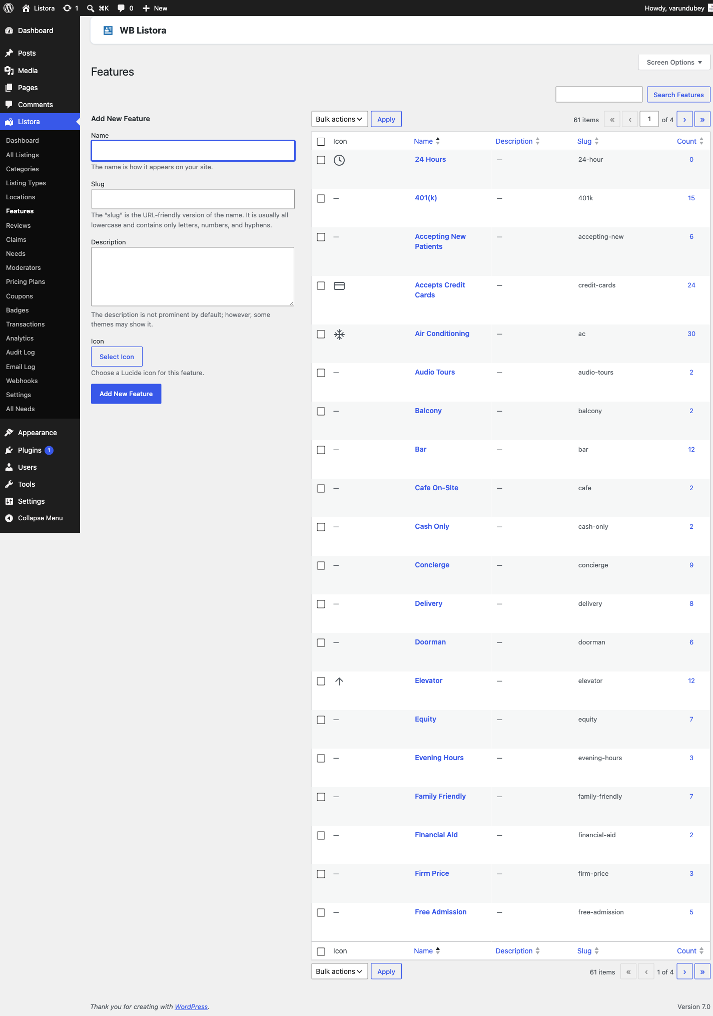 Amenities - Features taxonomy admin page with non-hierarchical term list