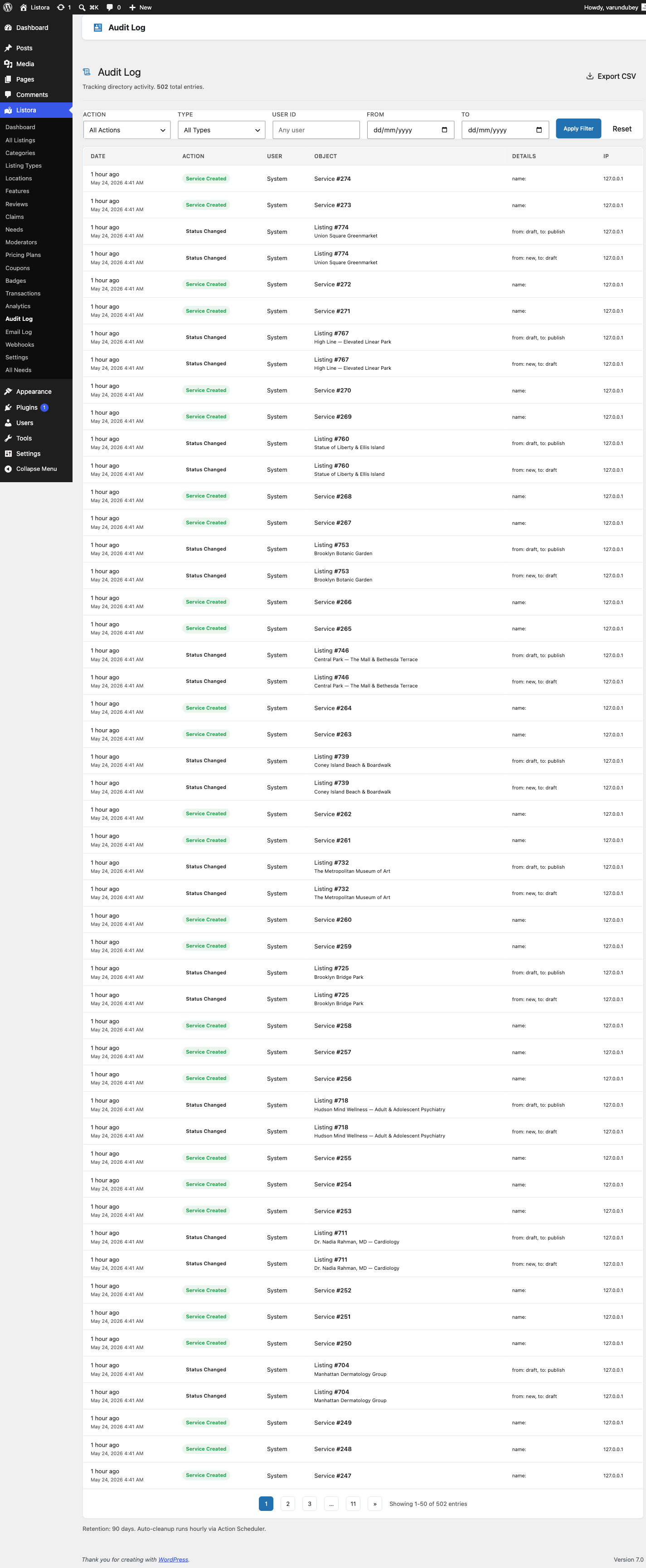 Audit Log - admin page showing chronological activity feed