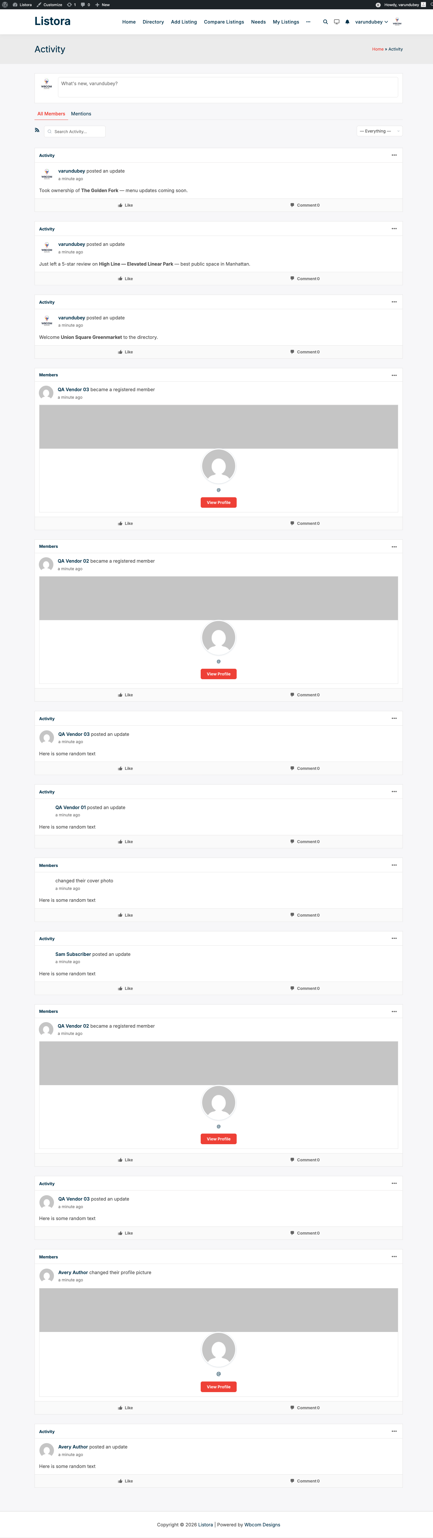 BuddyPress Integration - BP activity stream showing a Listora listing publication