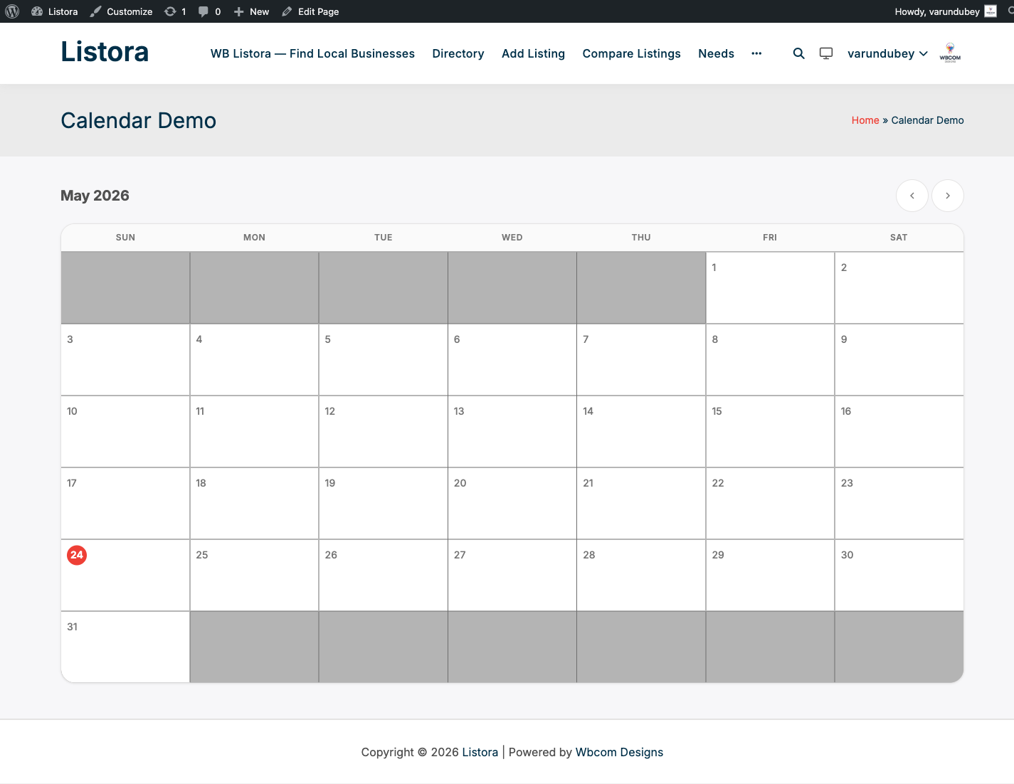 Calendar - monthly view with event dots colored by listing type