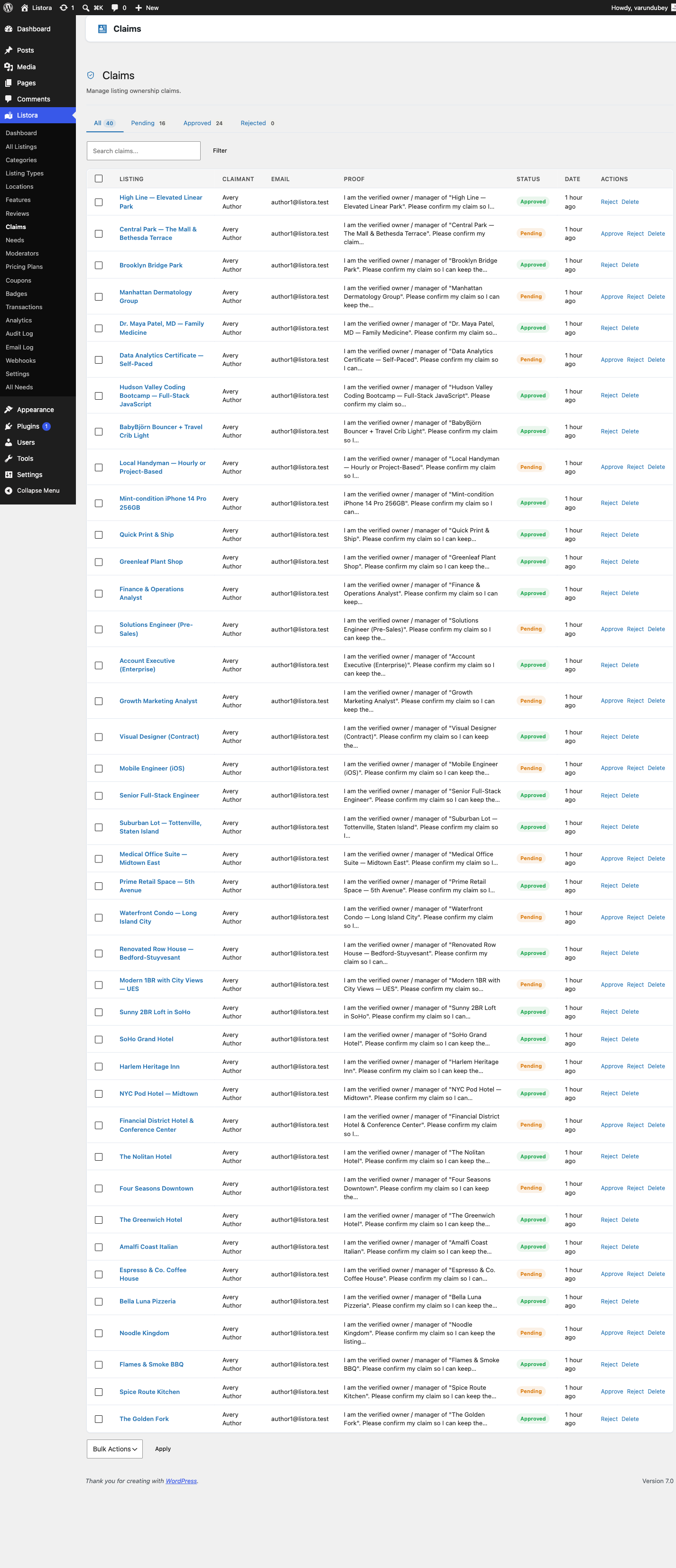 Claims admin - pending claims with approve / reject / view-proof actions
