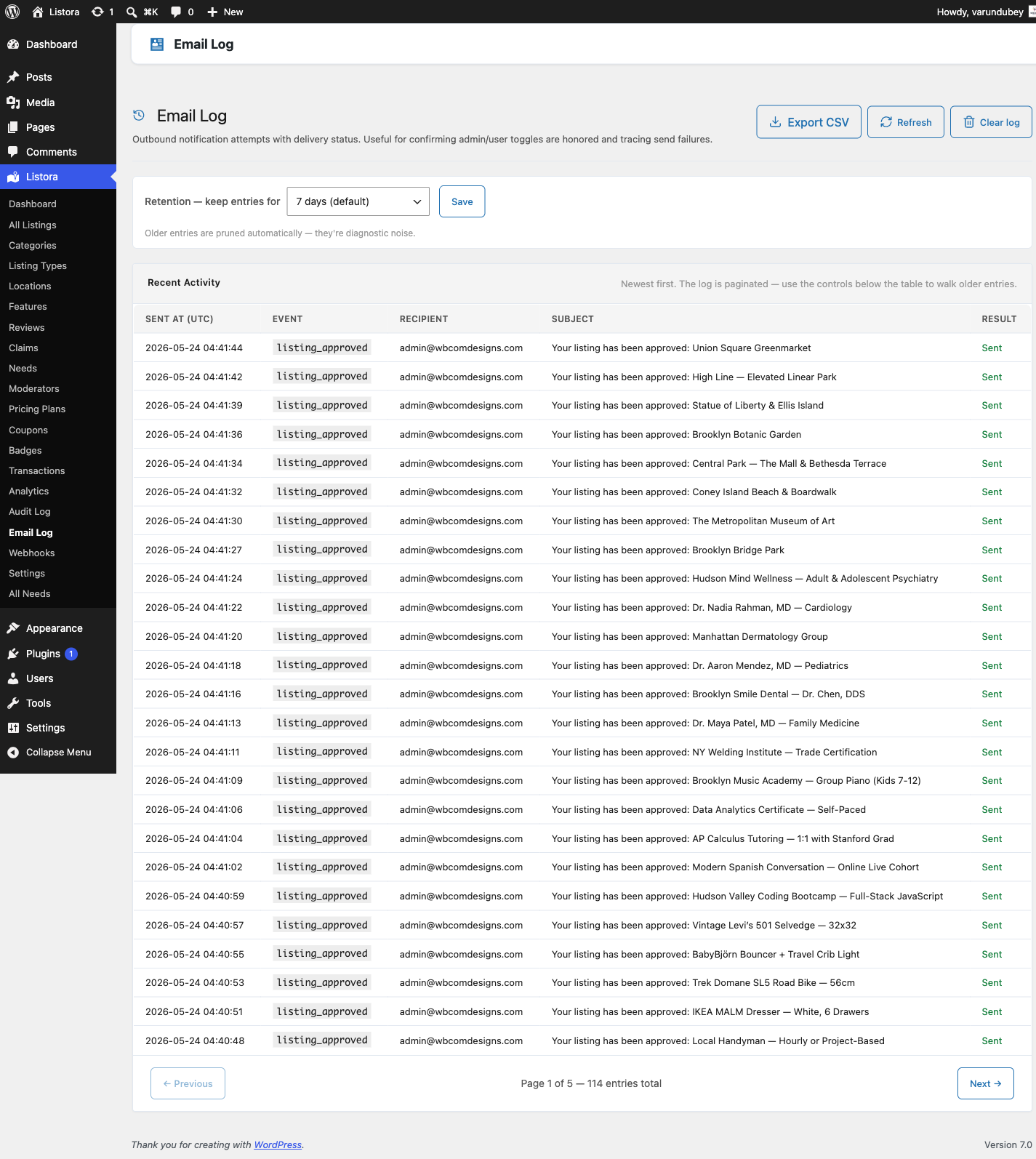 Email Log - admin page with retention selector + recent activity table