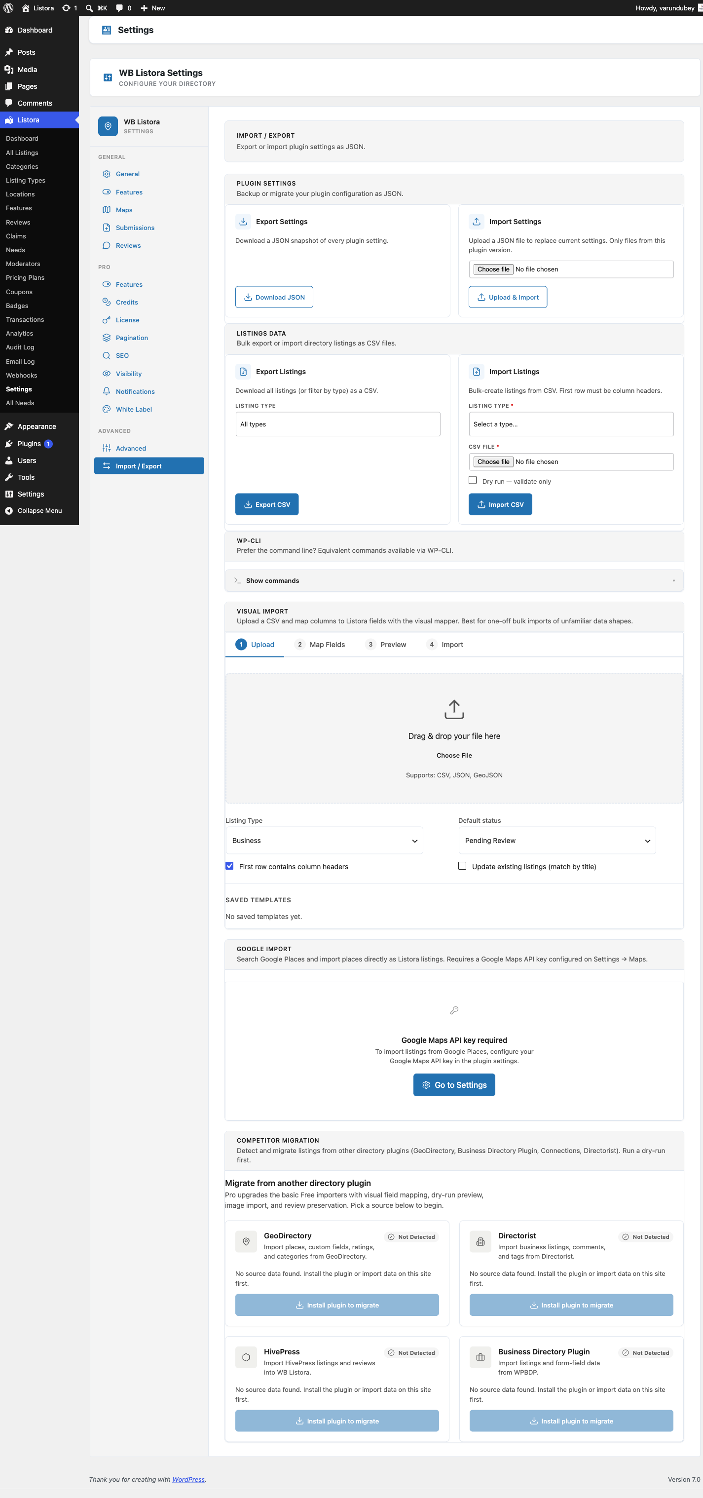 Import/Export - settings tab with file picker, field-mapping preview, and run-as-WP-CLI option