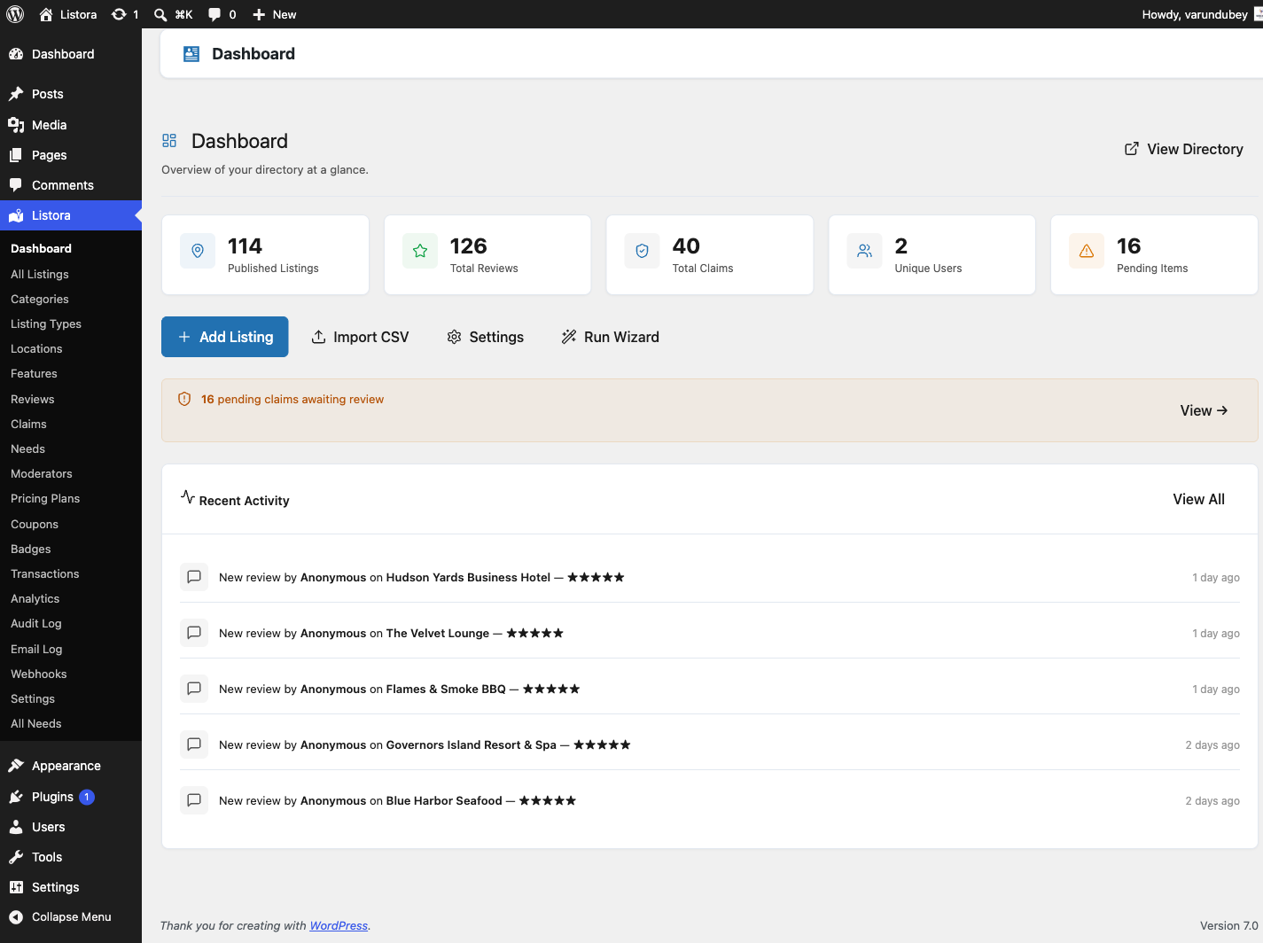 Listora Dashboard - first-look admin overview after activation