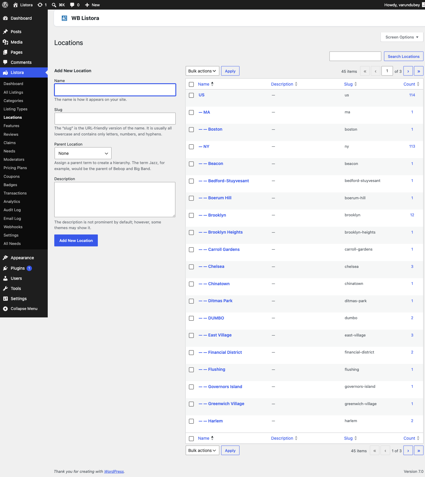 Locations - admin page showing the Country → State → City hierarchy with listing counts