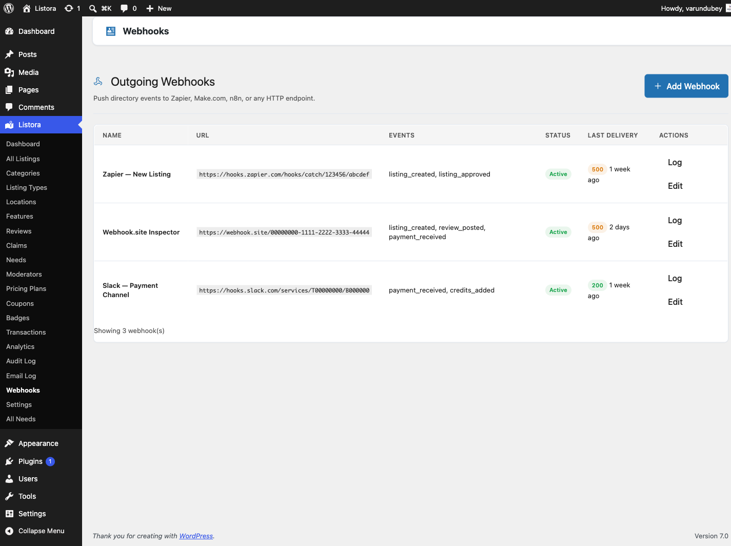 Outgoing Webhooks admin - endpoint list with delivery status