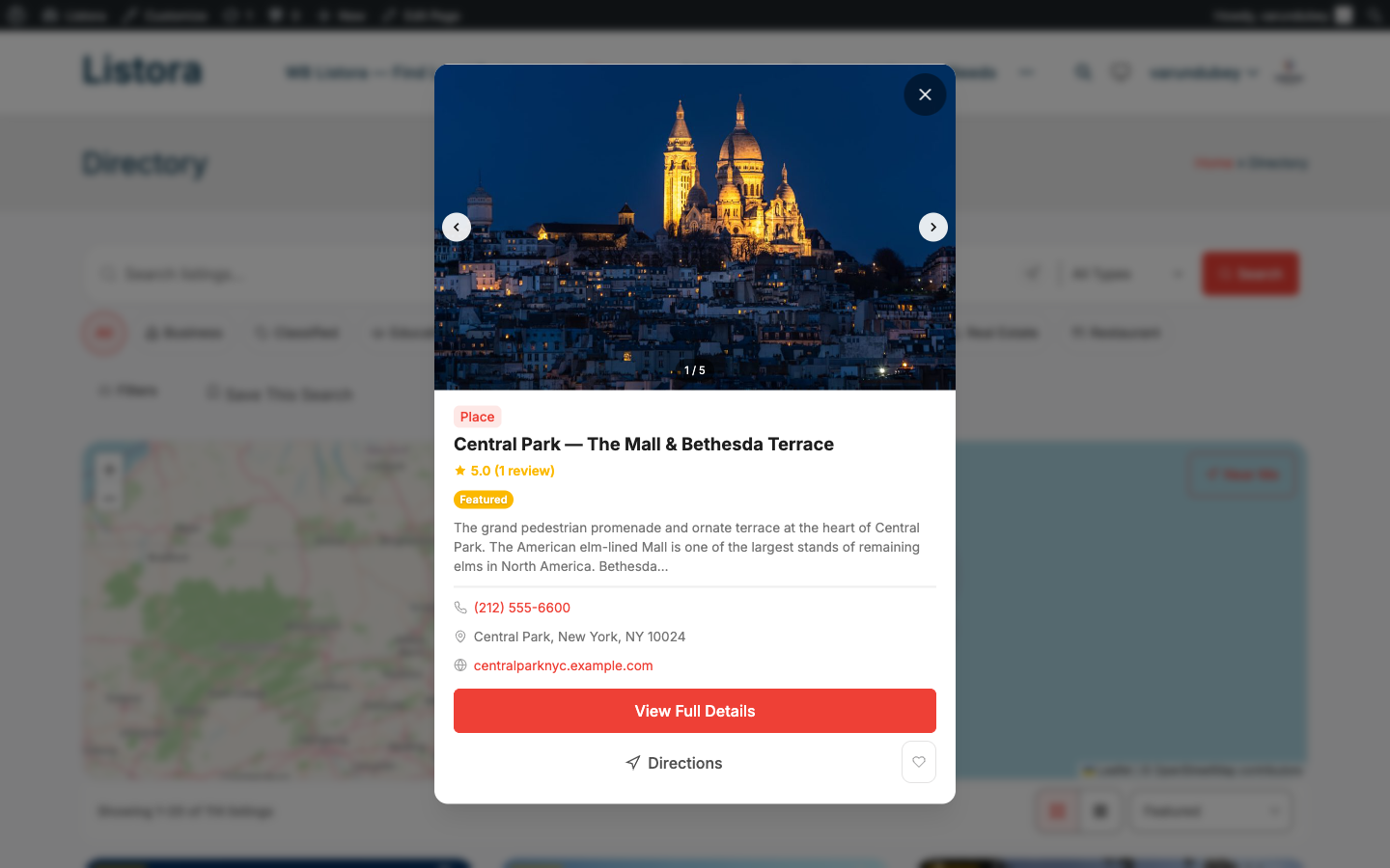 Quick View modal - listing preview overlay on the modernized 1.0.5 directory grid