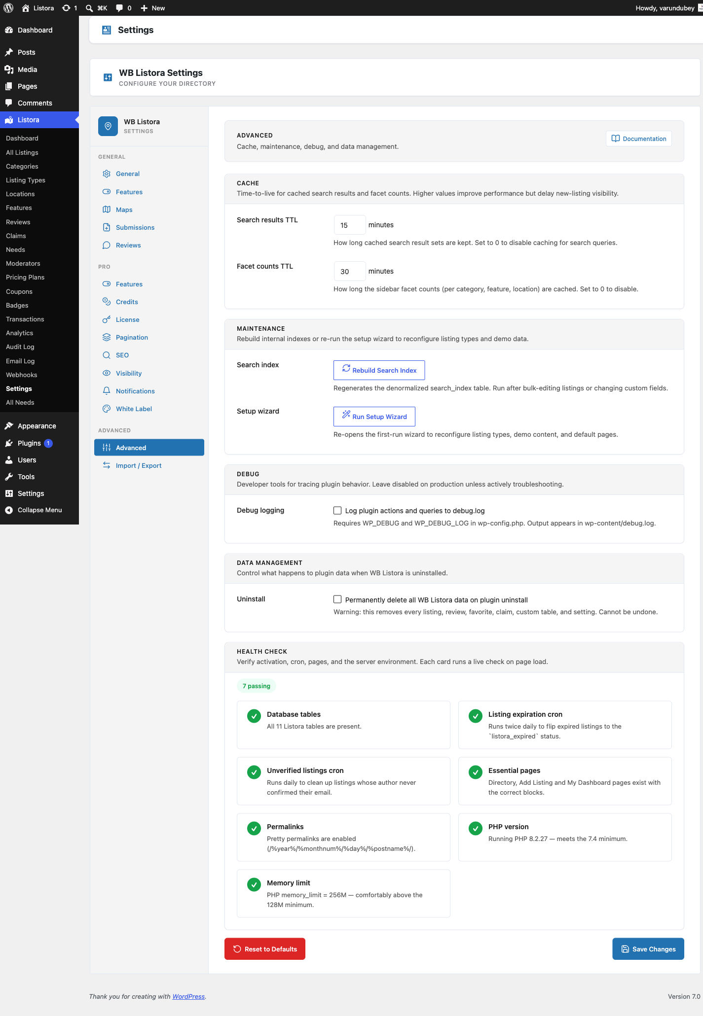 Advanced Settings - Cache, Maintenance, Debug, Data Management, Health Check sections