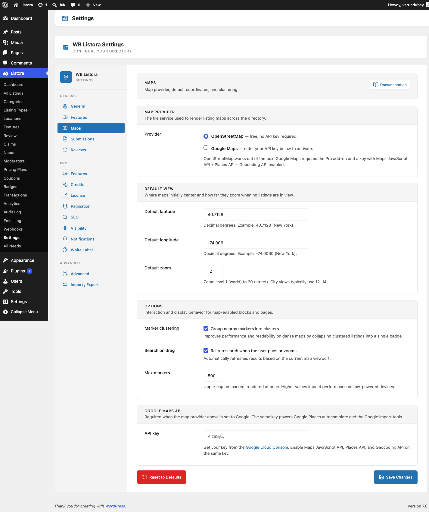Settings Map - admin UI screenshot (1.0.5)
