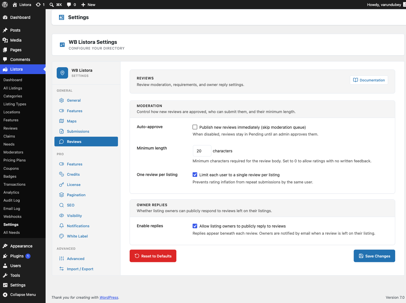 Reviews Settings - Moderation + Owner Replies blocks with toggle controls