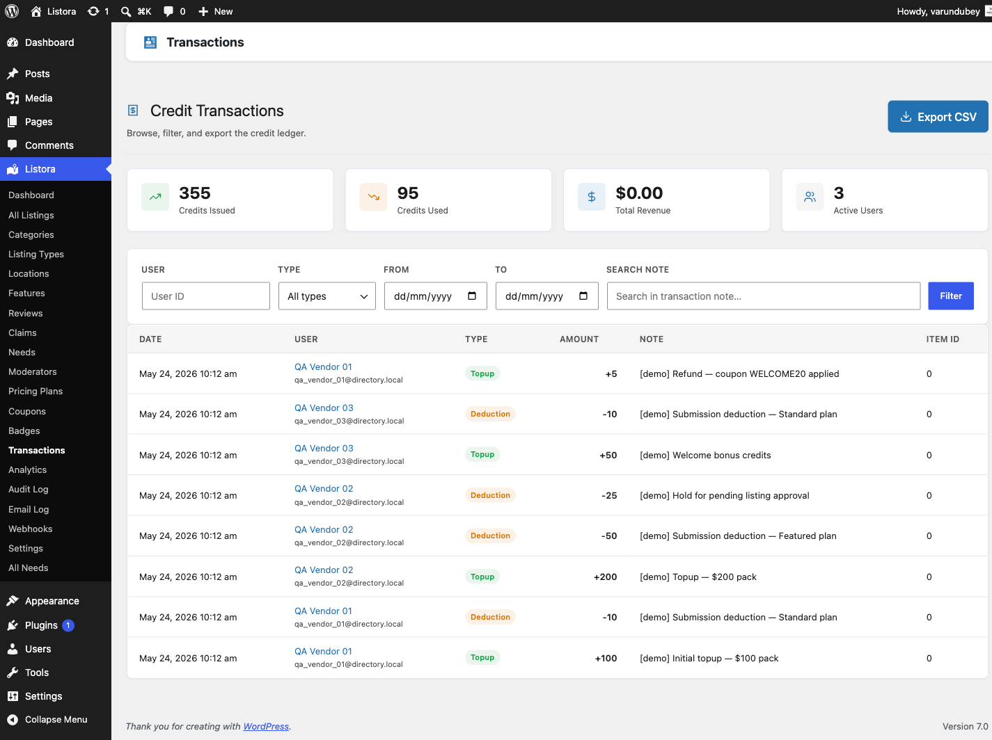 Transactions admin - credit purchases + plan activations with gateway, amount, and status