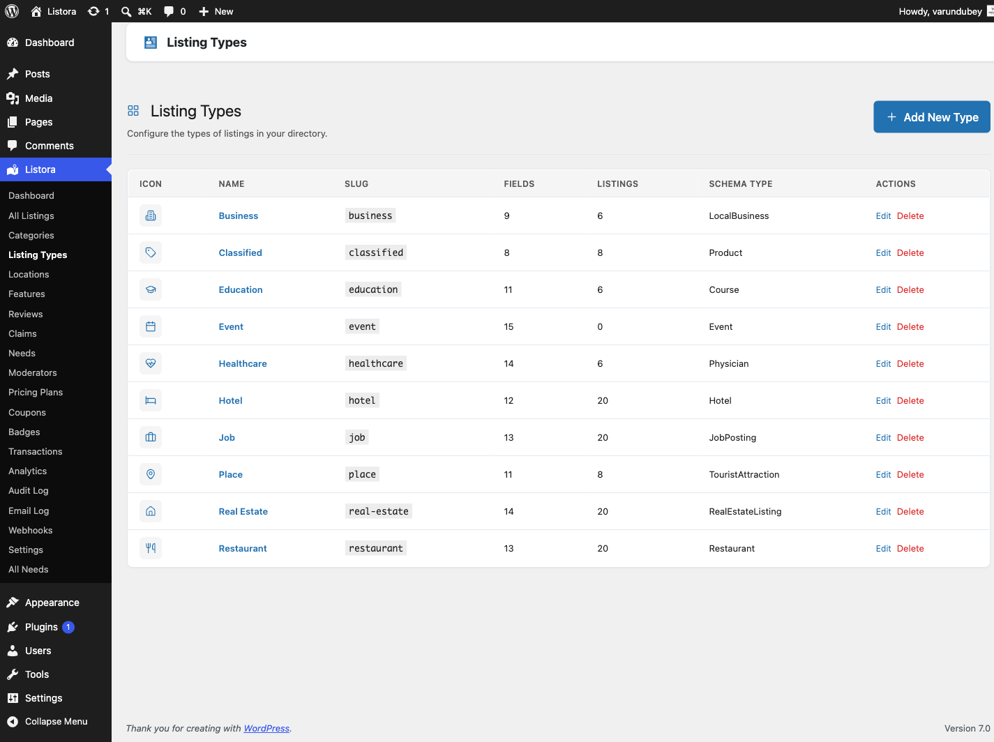 Listing Type Editor - list view with icon, name, slug, fields, schema columns