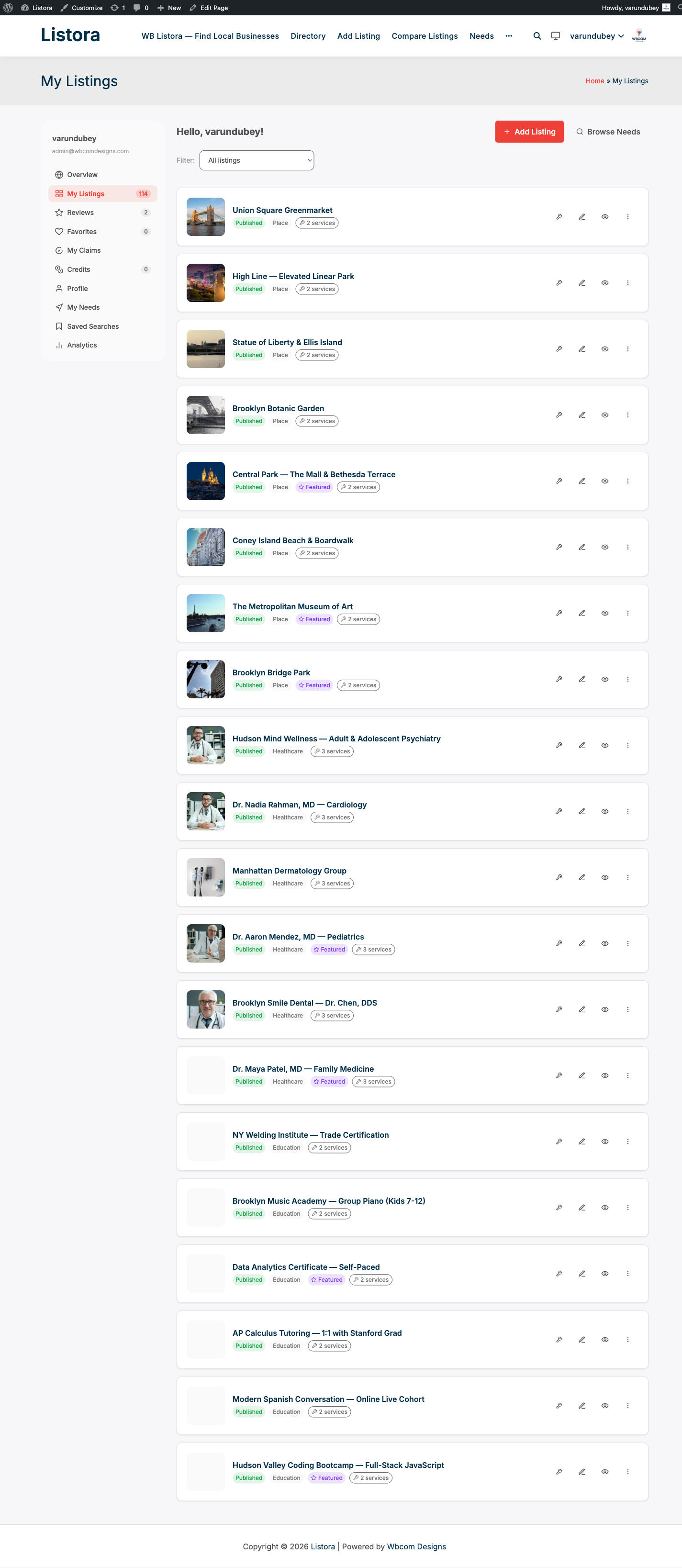 User Dashboard - screenshot from the modernized 1.0.5 site