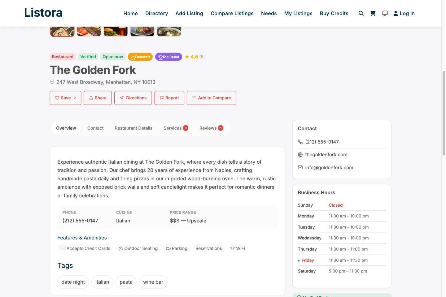 A Listora listing page showing verified and featured badges, a 4.6 rating, tabbed content, structured fields, amenities and business hours.